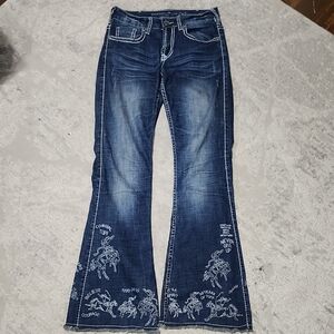Cowgirl Tuff Dark Blue Flare Jeans with White Embroidery